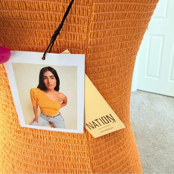 NWT Nation LTD Kirstie Mustard Smocked One Shoulder 100% Pima Cotton Size Small - Picture 9 of 11